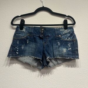 Blue Jean Shorts with Frayed Hem and Distressed Style